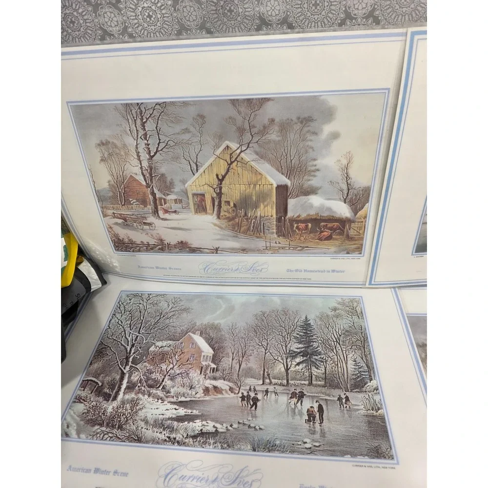 8 Vintage Christmas Placemats Winter Scene Holly‎ Candle Decor Currier & Ives